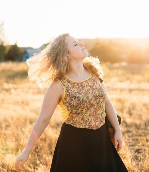 Young Pretty Plus Size Caucasian Happy Smiling Laughing Girl Wom Single Young Pretty Plus Size Caucasian Happy Smiling Laughing Girl Woman Dancing In Summer Meadow. Fun Enjoy Outdoor Summer Nature.